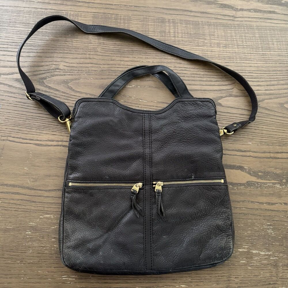 Fossil Erin Foldover Crossbody Tote Bag Pebbled Black Leather Boho Distressed